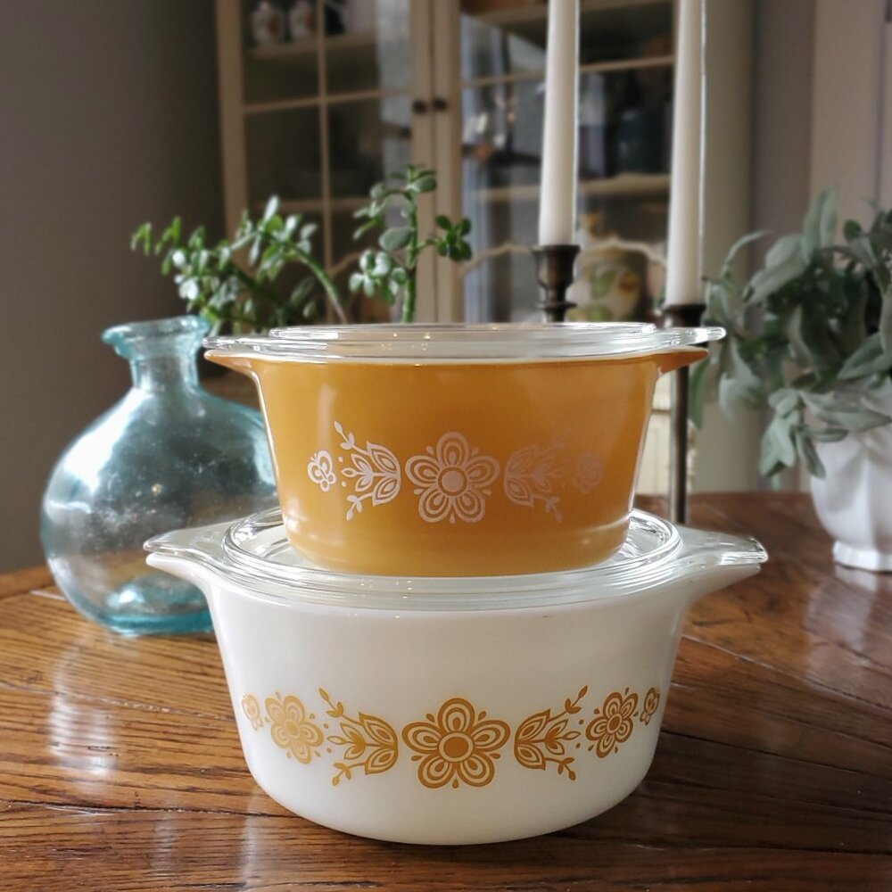 Vintage Pyrex | Butterfly Gold | 2 Cinderella Casserole Dishes with Lids | 1970s